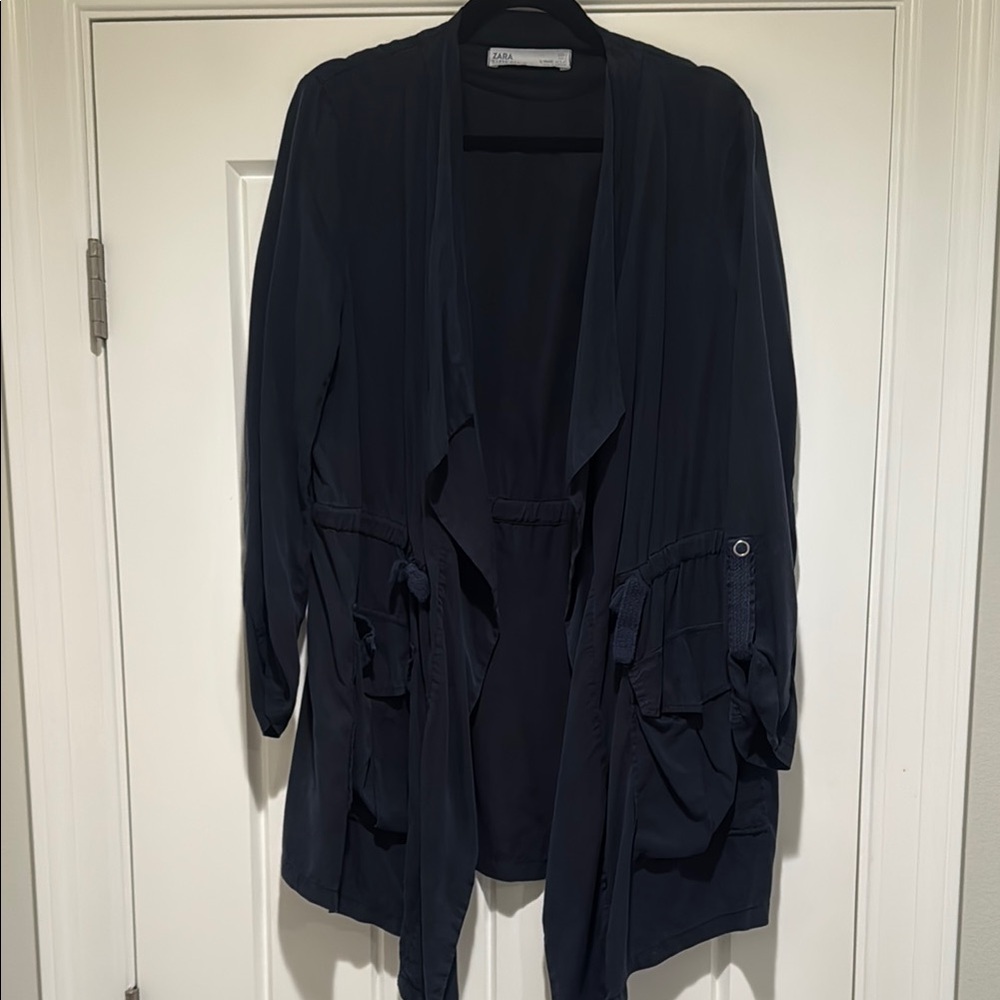 Zara Navy Blue Trench Coat with Draped Open-Front Design